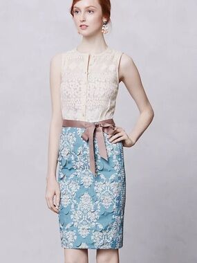 Byron Lars Fleur De Lys sheath dress Cream lace bodice and Taupe Sash size 6